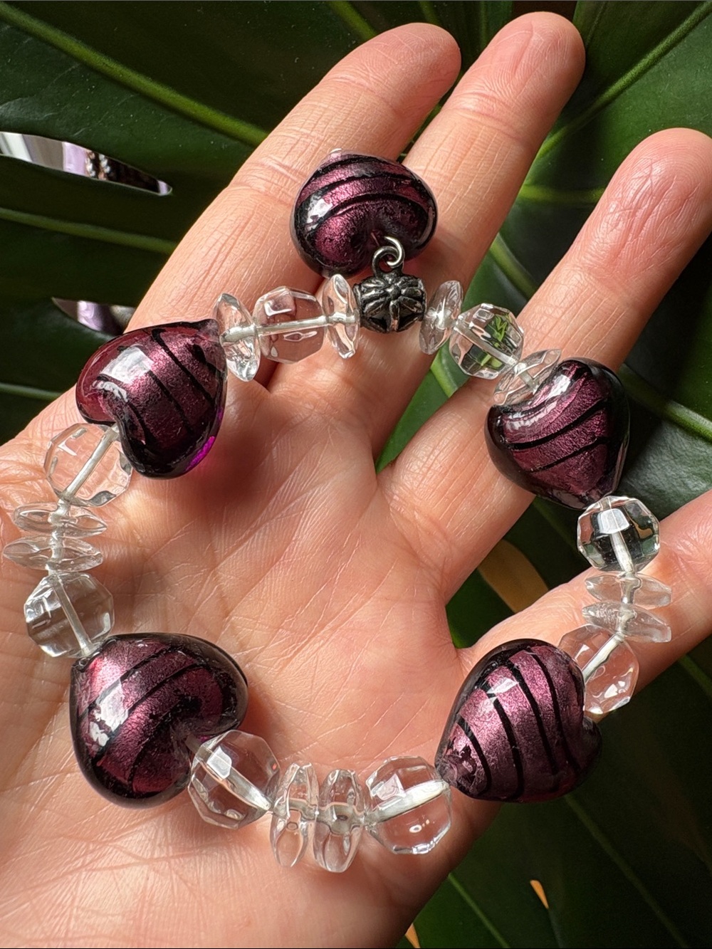 Handblown Murano-Style Purple Heart Glass Bead Stretch Bracelet #245
